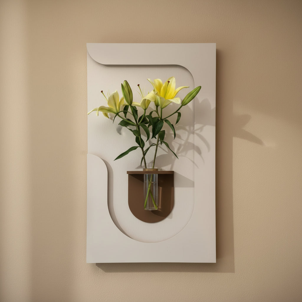 modern curved wall panel with glass vase and yellow lilies decor
