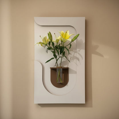 modern curved wall panel with glass vase and yellow lilies decor
