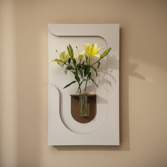 modern curved wall panel with glass vase and yellow lilies decor
