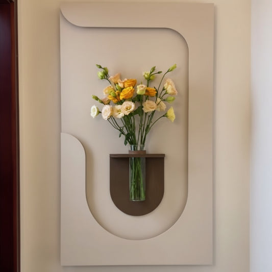 modern curved wall panel with glass vase and yellow flower decor
