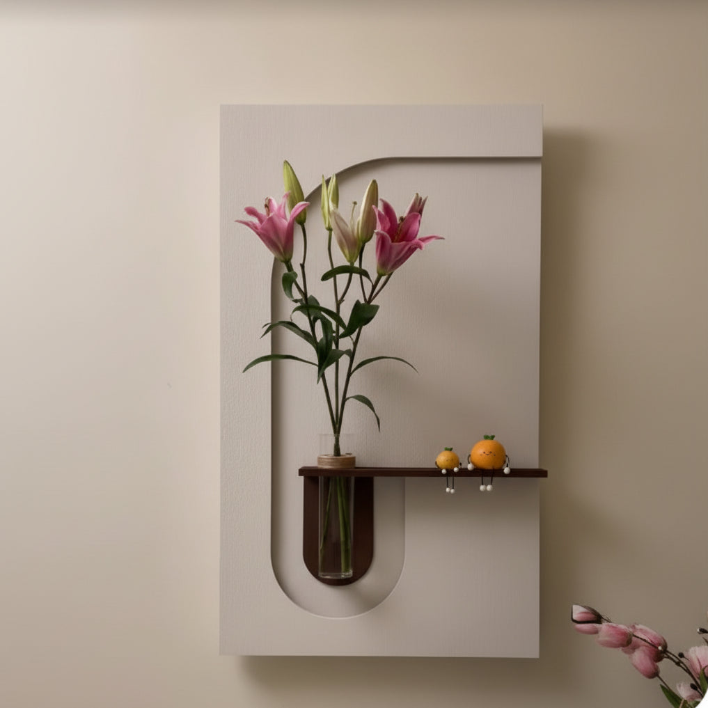 modern minimalist wall panel with shelf and glass vase pink flowers decor
