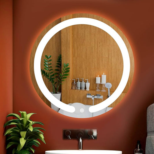 modern round LED bathroom mirror with open ring light circular vanity mirror warm ambient lighting