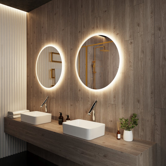 modern round LED bathroom mirror set with warm backlight double vanity mirrors luxury interior