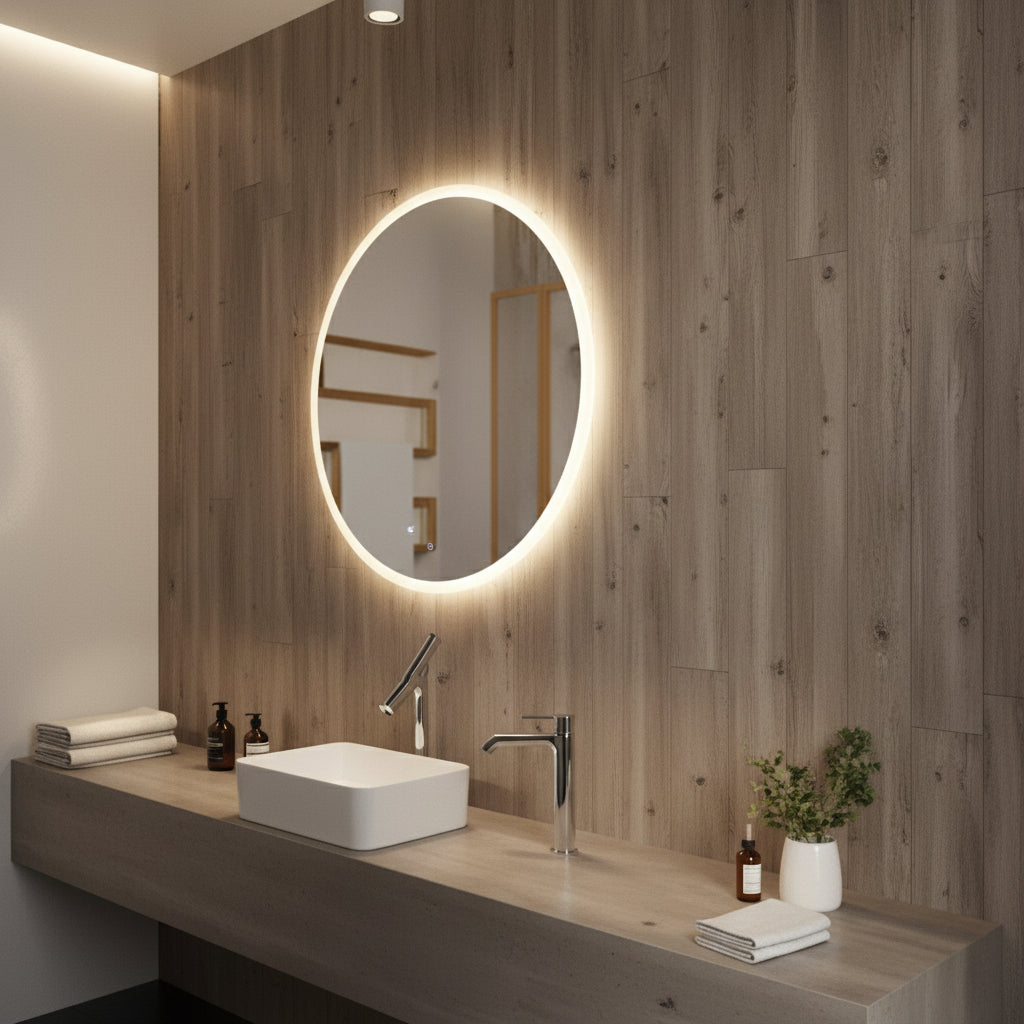 modern round LED bathroom mirror with warm backlight above wooden vanity minimalist interior