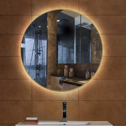modern round LED bathroom mirror with warm backlight minimal circular mirror above sink