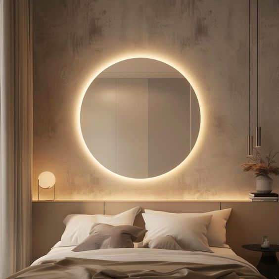 modern round LED wall mirror with warm backlight above bed luxury bedroom décor