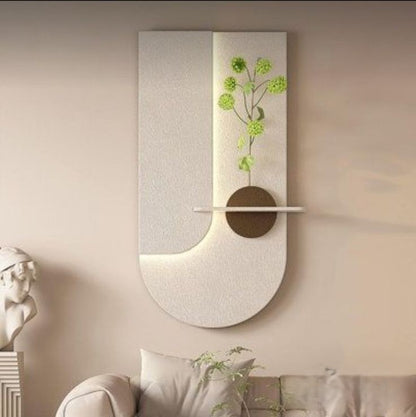 modern textured wall art panel with flower vase and shelf decor
