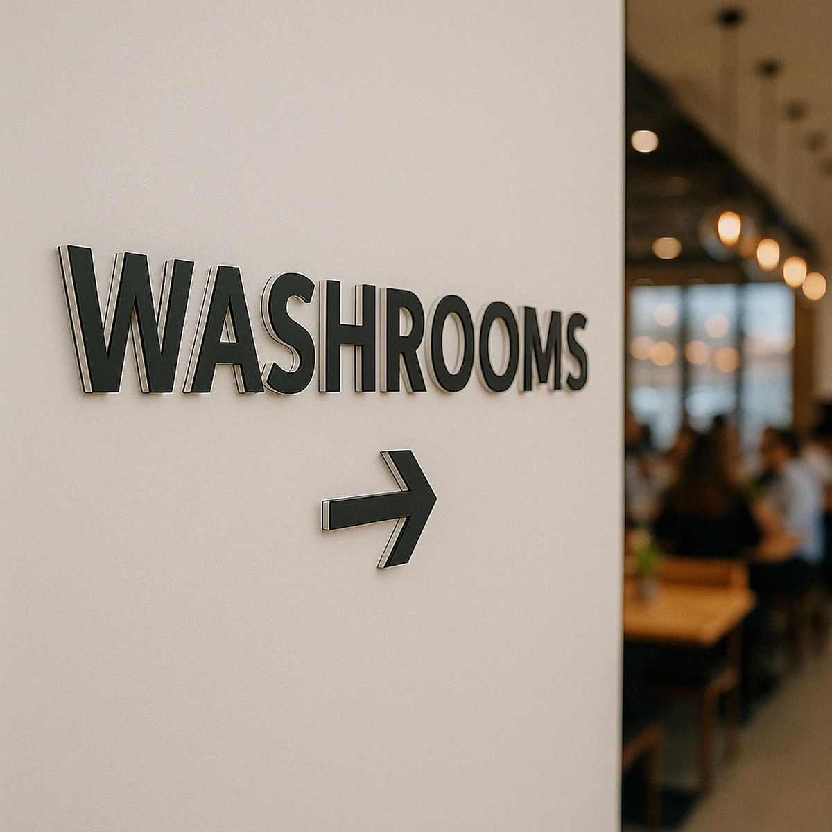 Modern washrooms direction wall sign with arrow
