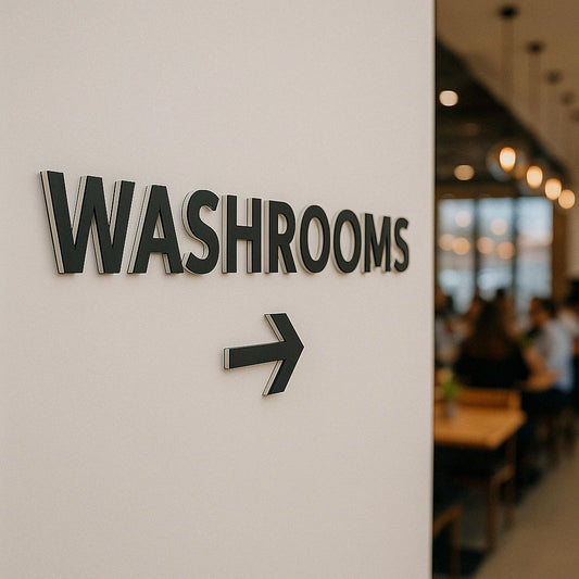 Modern washrooms direction wall sign with arrow
