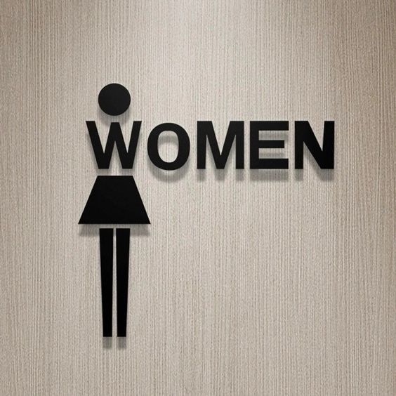 Modern women restroom wall sign with female bathroom symbol and lettering for washroom signage.
