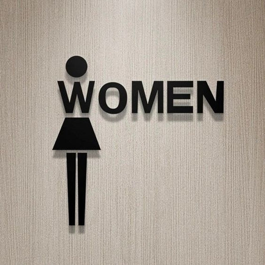 Modern women restroom wall sign with female bathroom symbol and lettering for washroom signage.