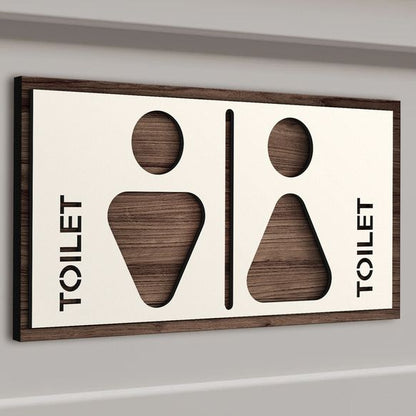 Modern wooden toilet sign board with male female restroom symbols for washroom door signage.