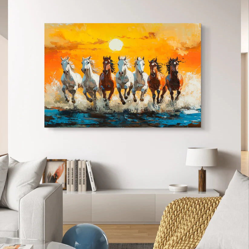 modern horse canvas wall decor with ocean splash and sunset background