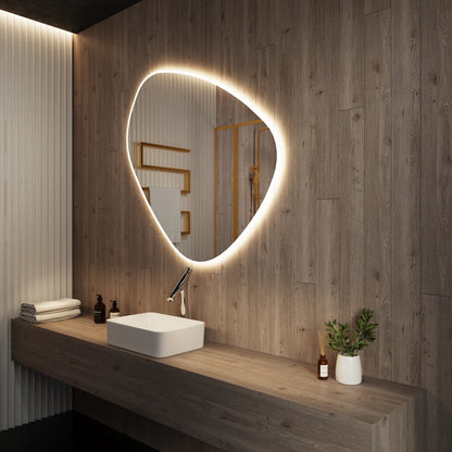 Modern LED Backlit Bathroom Mirror | Irregular Wall Vanity Mirror with Ambient Lighting | Designer Wash Basin Mirror for Home & Hotel