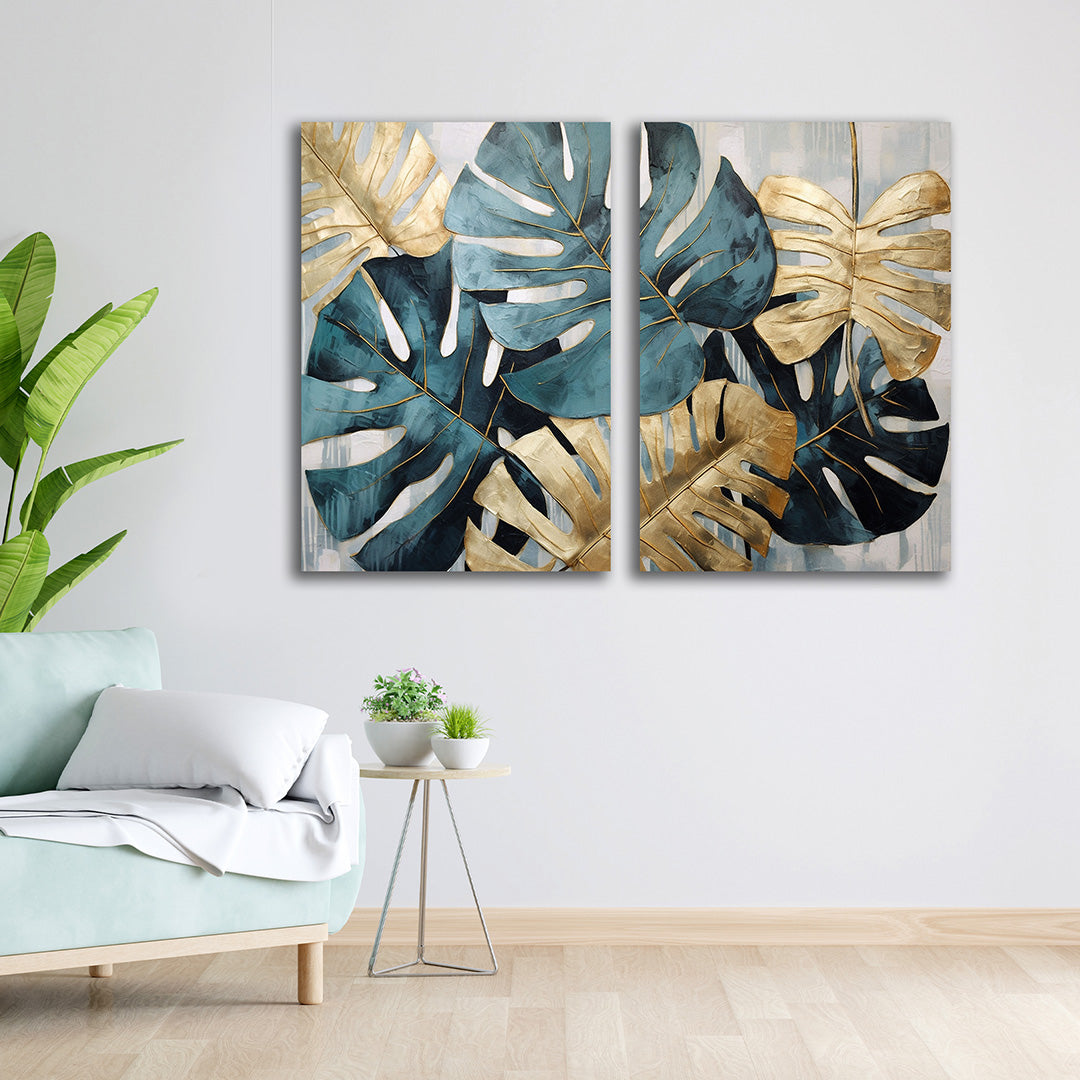 Blue and gold monstera leaf 2 panel canvas botanical wall art for living room
