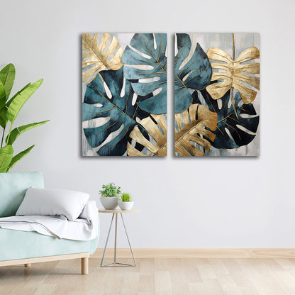 Blue and gold monstera leaf 2 panel canvas botanical wall art for living room
