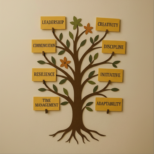 Motivational growth tree wall decor with leadership and team values for office interior design
