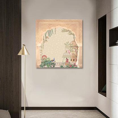 mughal palace peacock canvas wall art with arch garden scene indian decor