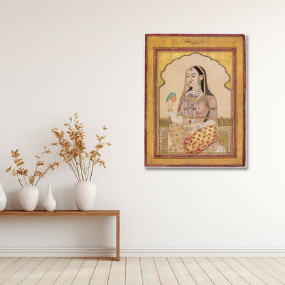 mughal princess miniature painting with parrot royal portrait indian wall art