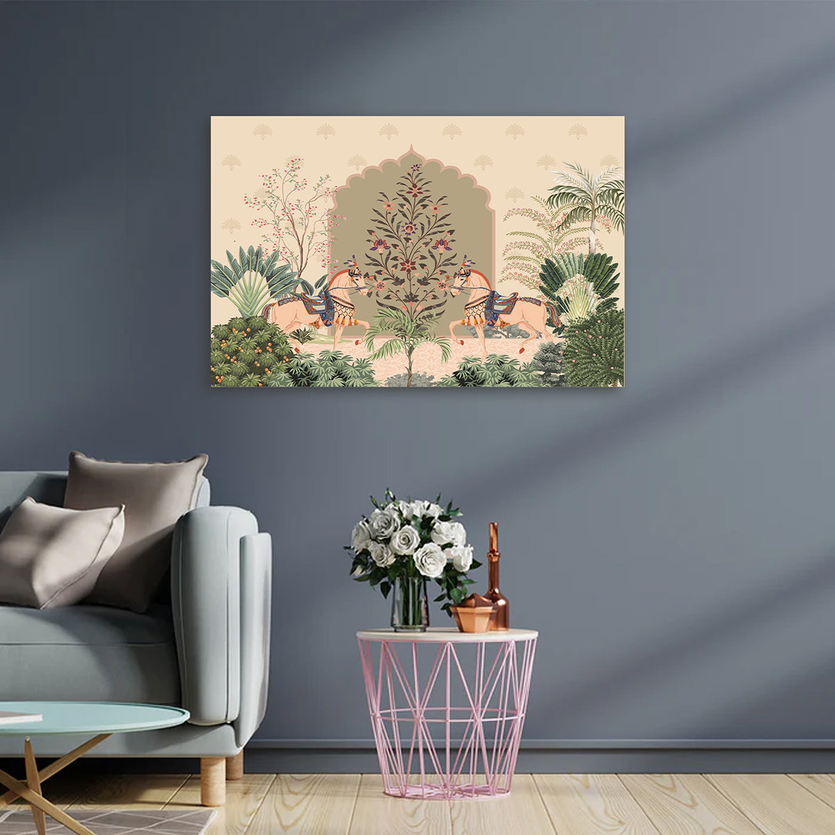 mughal royal horse garden canvas wall art with arch botanical indian decor