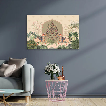 mughal royal horse garden canvas wall art with arch botanical indian decor