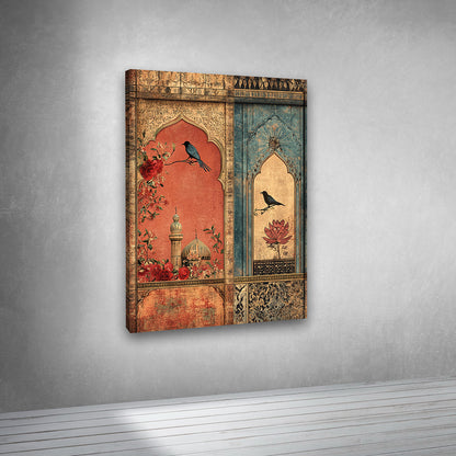 mughal arch window bird floral artwork canvas indian heritage wall art decor