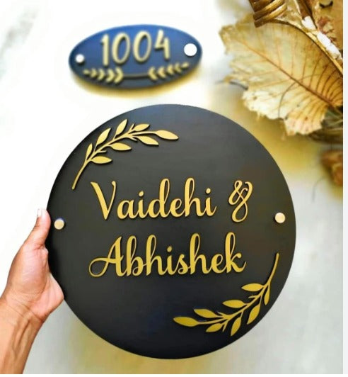 Round Acrylic Couple Name Plate with Buddha Design & Gold Leaf Accents | Premium Personalized Door Sign