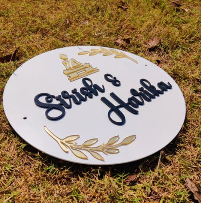 Round Acrylic Couple Name Plate with Buddha Design & Gold Leaf Accents | Premium Personalized Door Sign