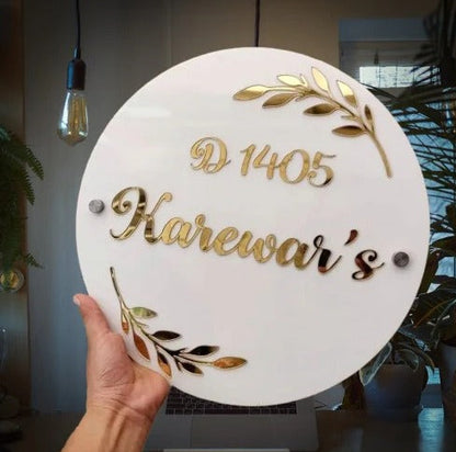Acrylic Om Name Plate with Gold Lettering | Premium Customized Home Door Name Sign with Address Details