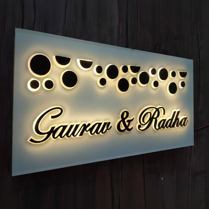 Warm White LED Acrylic Couple Name Plate with Backlit Design | Premium Personalized Illuminated Home Sign