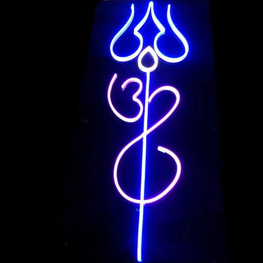 Om Trishul Neon Sign Board Blue and Pink LED Neon Light for Temple Wall