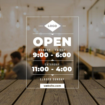 Open hours vinyl glass sticker with logo for shop window business timing signage display