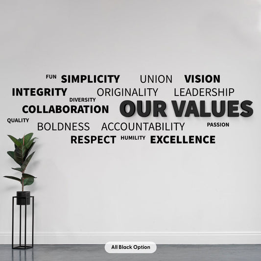 Our Values corporate wall decor with integrity collaboration leadership and excellence typography design