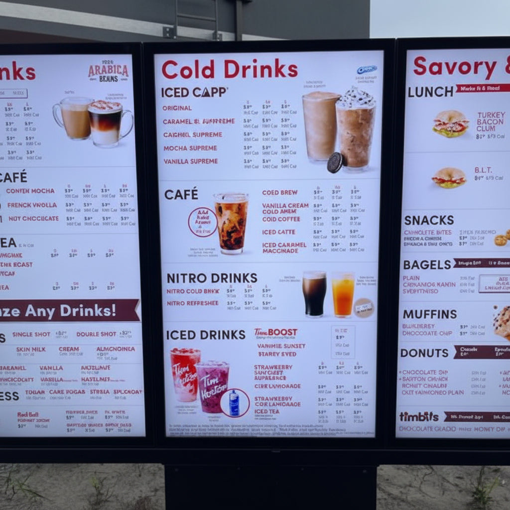 outdoor LED menu board display weatherproof backlit restaurant menu panels café signage