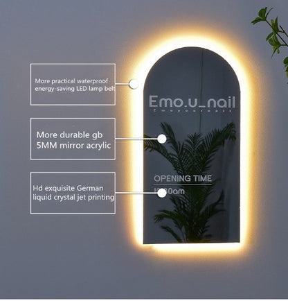oval acrylic LED backlit logo sign with custom text for boutique and reception wall decor