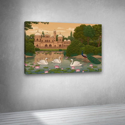 palace garden lake painting canvas swan lotus peacock artwork aesthetic wall decor