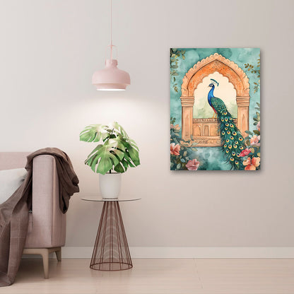 Peacock canvas wall art with floral arch design for home decor
