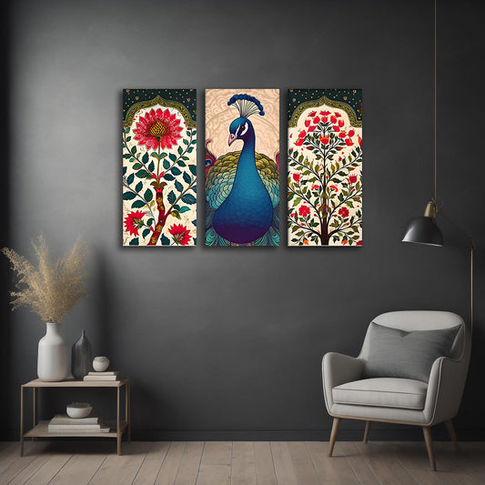 Peacock Madhubani 3 panel canvas wall art with floral Indian traditional design
