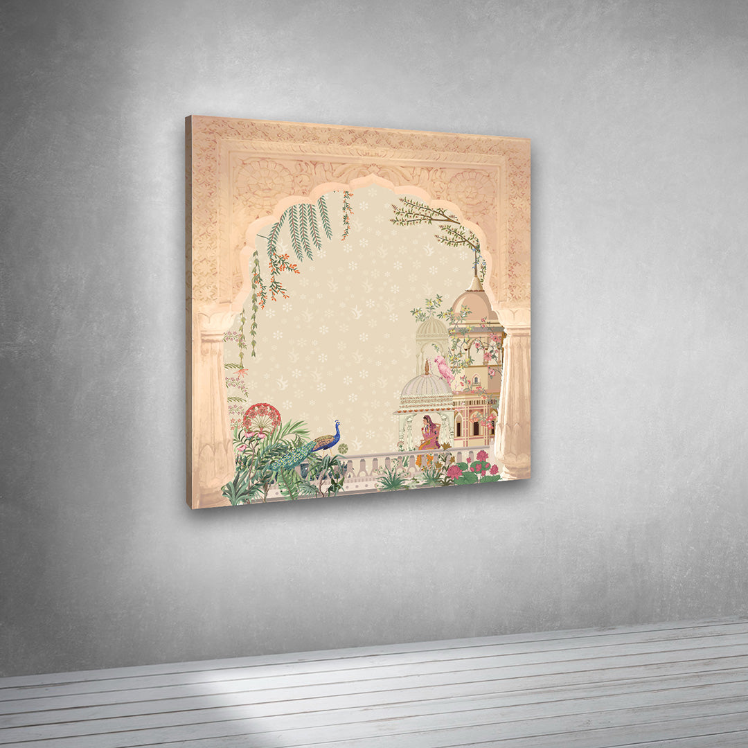 peacock and palace miniature painting with floral arch heritage wall art