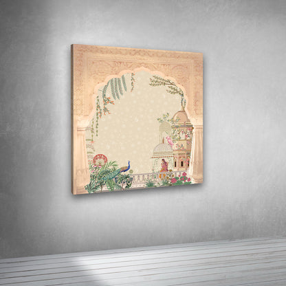 peacock and palace miniature painting with floral arch heritage wall art