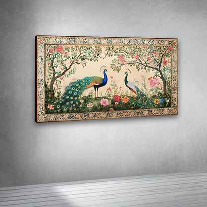peacock couple garden painting canvas vintage floral wall art indian heritage decor