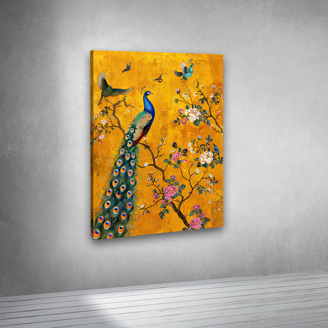 peacock floral artwork canvas painting golden aesthetic wall decor for living room bedroom