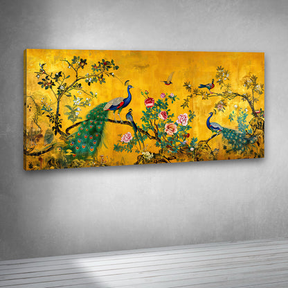 peacock floral canvas painting golden background aesthetic bird wall art for living room