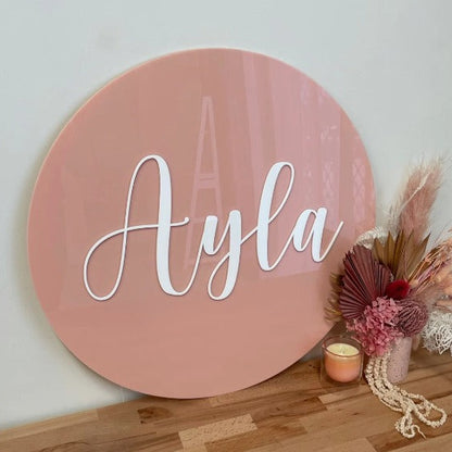 personalized round acrylic event sign gold script lettering baby milestone decor