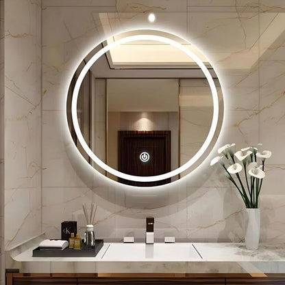 premium round LED bathroom mirror with double ring backlight modern vanity setup luxury interior
