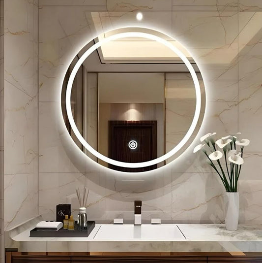 premium round LED bathroom mirror with double ring backlight modern vanity setup luxury interior