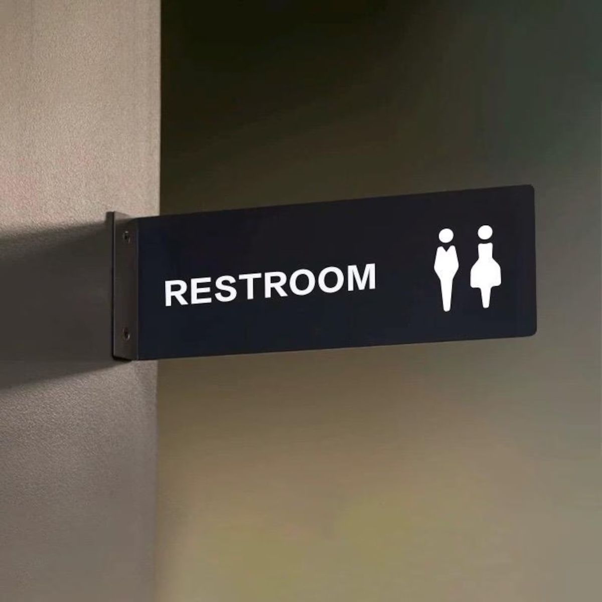 Projecting restroom sign with restroom text and male female icons
