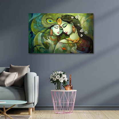 Radha Krishna abstract green canvas painting frame romantic wall decor for living room
