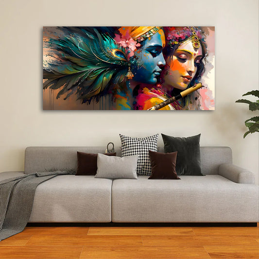 Radha Krishna abstract wall painting with peacock feather colorful spiritual canvas art