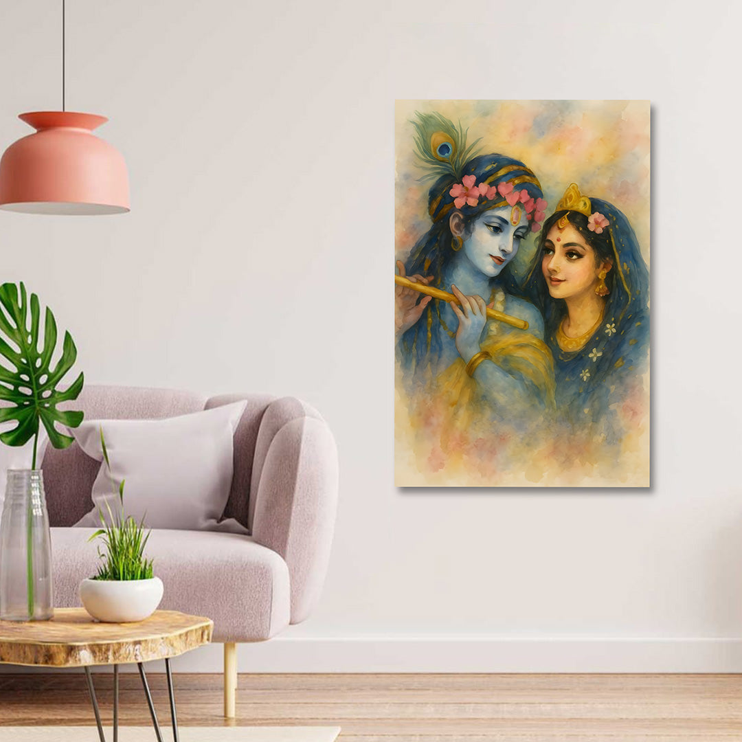 Radha Krishna divine canvas painting frame with flute elegant wall decor for living room